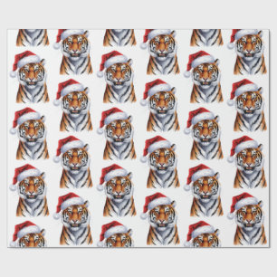 Trendy Tiger with Santa Hat Christmas Green        Wrapping Paper