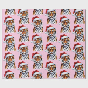 Trendy Tiger with Santa Hat Christmas pink Wrapping Paper