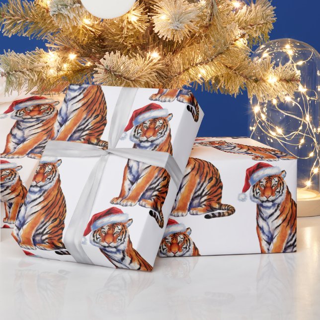 Trendy Tiger with Santa Hat Christmas Wrapping Paper (Holidays)
