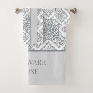 Trendy Tile Print Grey and White Personalised Bath Towel Set