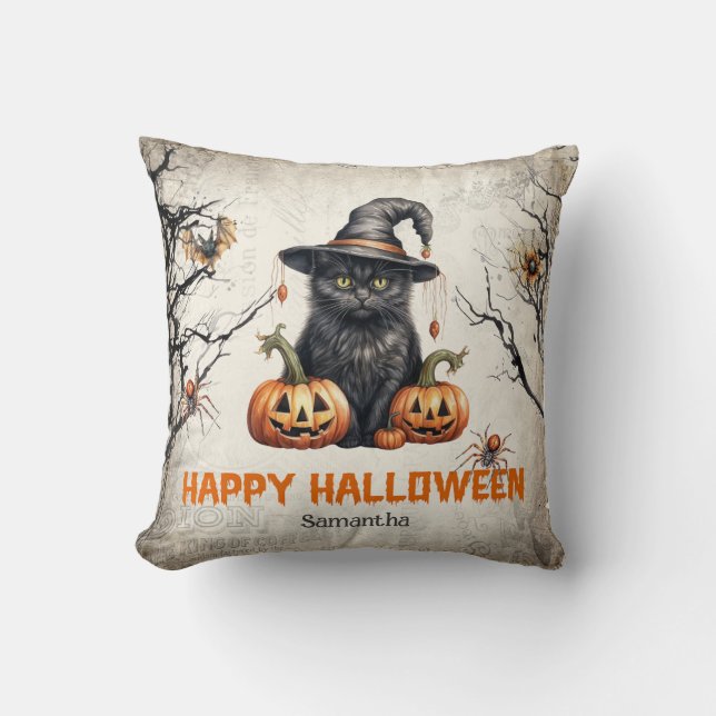Trendy traditional classic Halloween black cat Cushion (Front)
