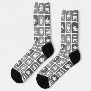 Trendy Travel Icons Black and White Pattern Socks