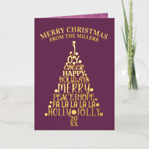 Trendy Tree Non-Photo Folded Plum Gold Foil Holiday Card
