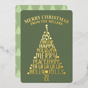 Trendy Tree Non-Photo Minimalist Green Gold Foil Holiday Card