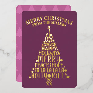 Trendy Tree Non-Photo Minimalist Plum Gold Foil Holiday Card