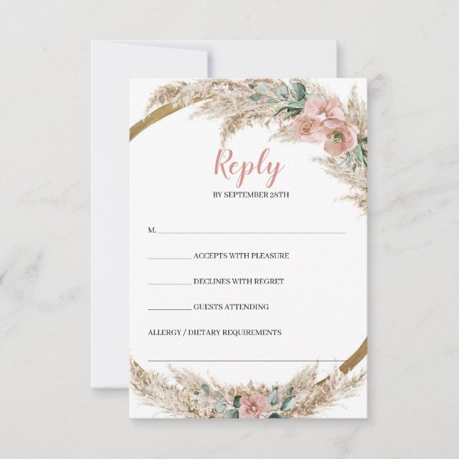 Trendy Trendy Pampas Grass Dusty Rose Eucalyptus  RSVP Card (Front)