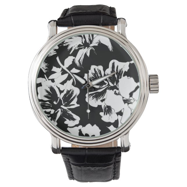 Trendy Tropical Abstract B&W Floral Pattern Watch (Front)
