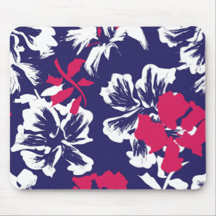 Trendy Tropical Abstract Blue Red Floral Pattern Mouse Mat