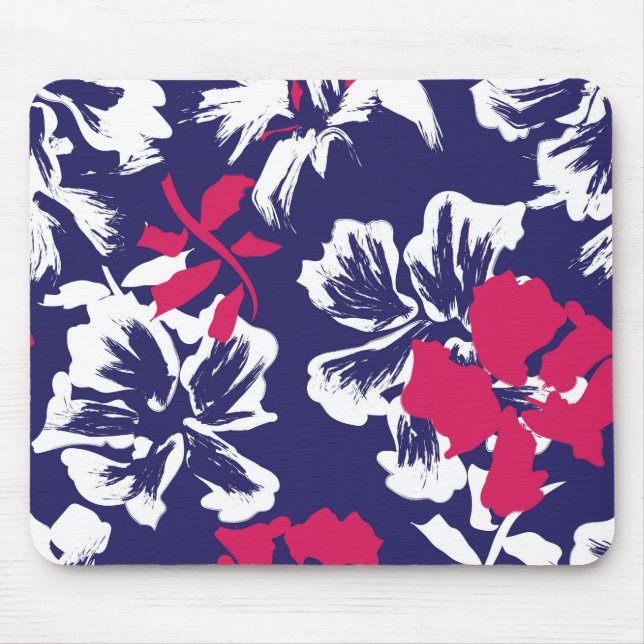 Trendy Tropical Abstract Blue Red Floral Pattern Mouse Mat (Front)