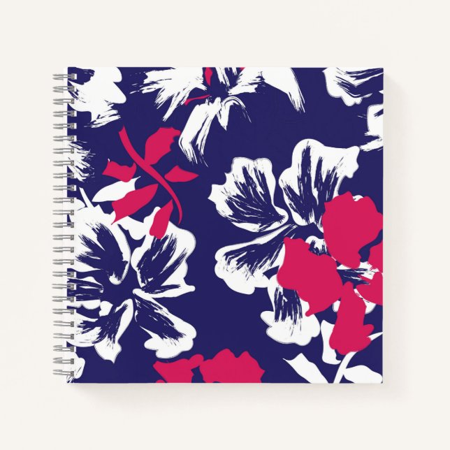 Trendy Tropical Abstract Blue Red Floral Pattern Notebook (Front)