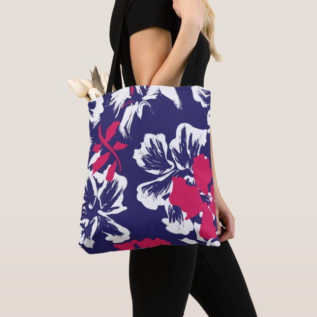 Trendy Tropical Abstract Blue Red Floral Pattern Tote Bag (Close Up)
