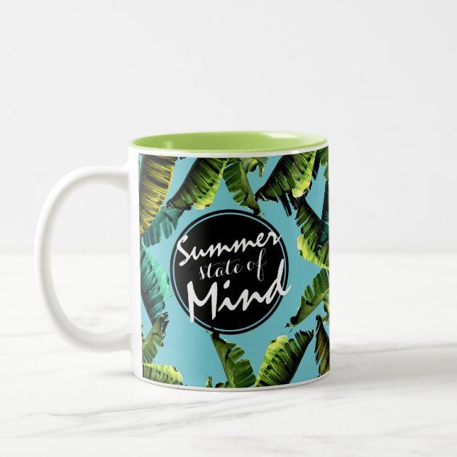 Trendy Tropical Banana Leaves Summer State of Mind Two-Tone Coffee Mug (Left)