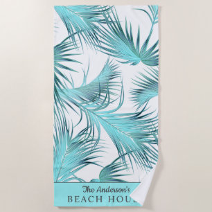 Trendy Tropical Beach House Palm Fronds with Name Beach Towel