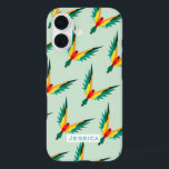 Trendy Tropical Bird Pattern Blue Personalised iPhone 16 Case<br><div class="desc">Geometric style tropical birds in repeat pattern stylish personalised case.</div>