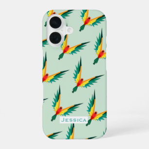 Trendy Tropical Bird Pattern Blue Personalised iPhone 16 Case