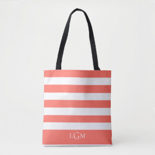 Trendy Tropical Coral Stripe Pattern Monogram Tote Bag