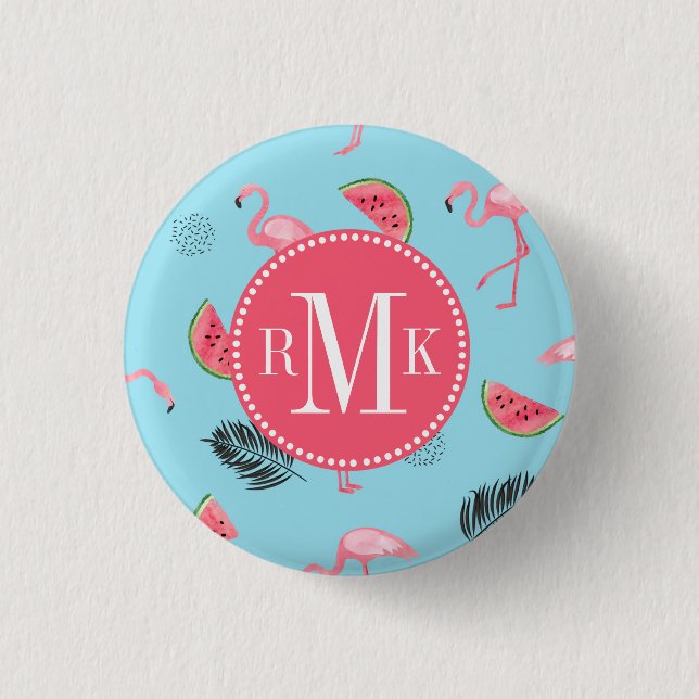 Trendy Tropical Flamingo & Watermelon Pattern 3 Cm Round Badge (Front)