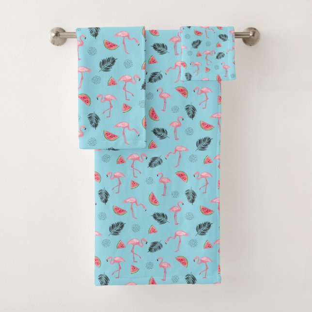 Trendy Tropical Flamingo & Watermelon Pattern Bath Towel Set (Insitu)