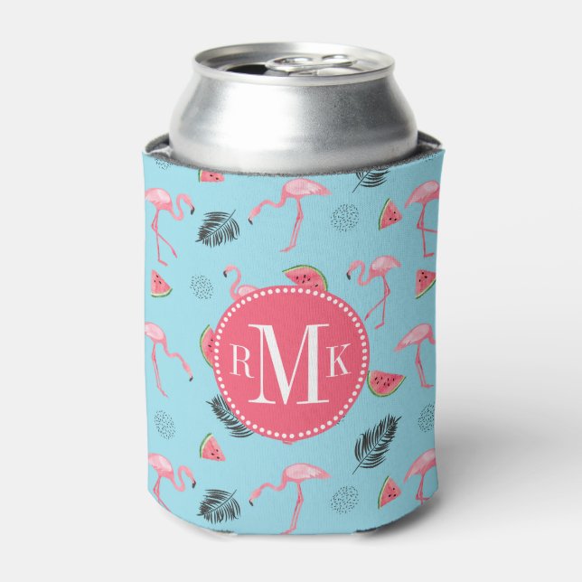 Trendy Tropical Flamingo & Watermelon Pattern Can Cooler (Can Front)