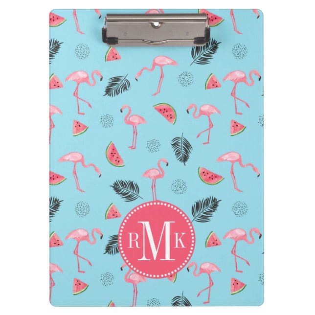Trendy Tropical Flamingo & Watermelon Pattern Clipboard (Front)