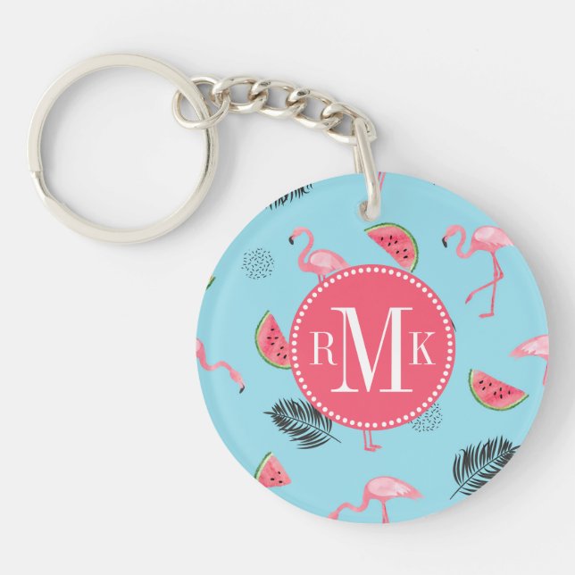 Trendy Tropical Flamingo & Watermelon Pattern Key Ring (Front)