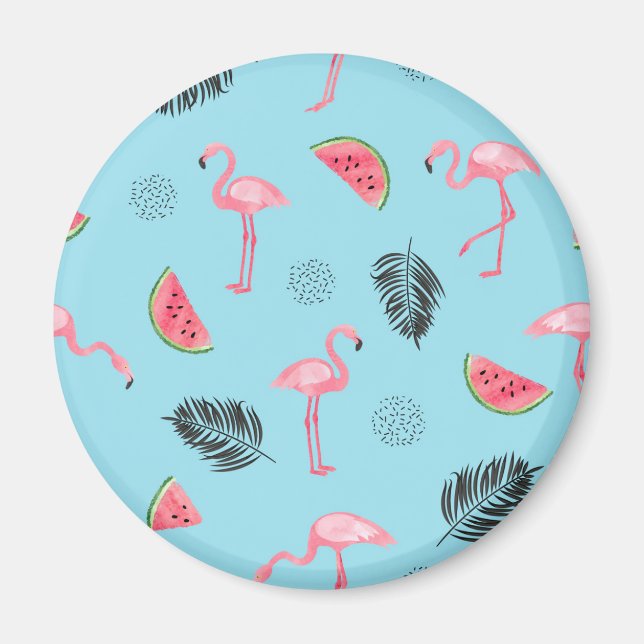 Trendy Tropical Flamingo & Watermelon Pattern Magnet (Front)
