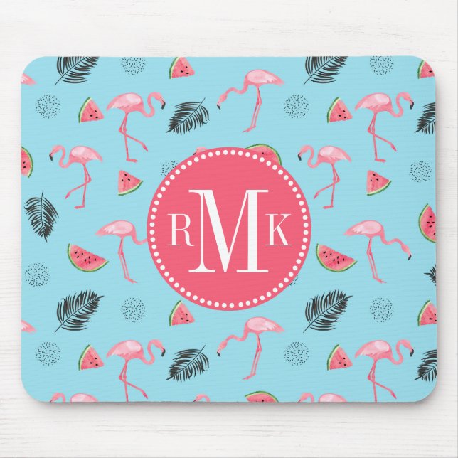 Trendy Tropical Flamingo & Watermelon Pattern Mouse Mat (Front)