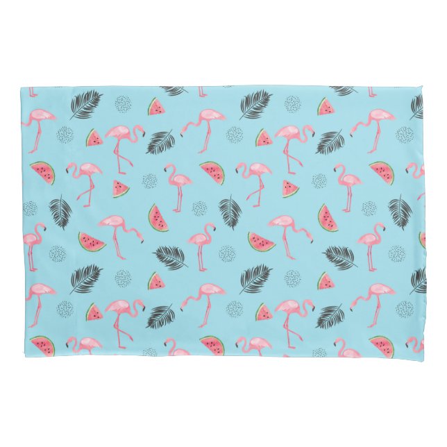 Trendy Tropical Flamingo & Watermelon Pattern Pillowcase (Front-Left)