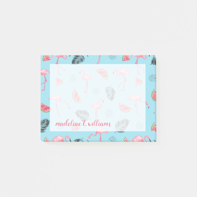 Trendy Tropical Flamingo & Watermelon Pattern Post-it Notes (Front)