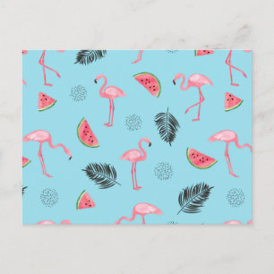 Trendy Tropical Flamingo & Watermelon Pattern Postcard
