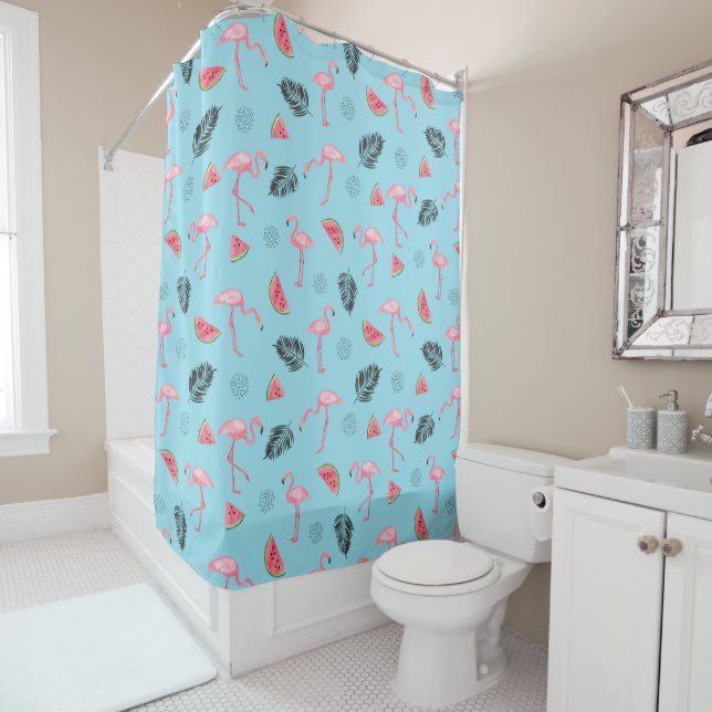 Trendy Tropical Flamingo & Watermelon Pattern Shower Curtain (In Situ)