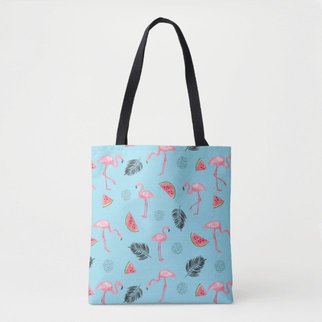 Trendy Tropical Flamingo & Watermelon Pattern Tote Bag (Front)
