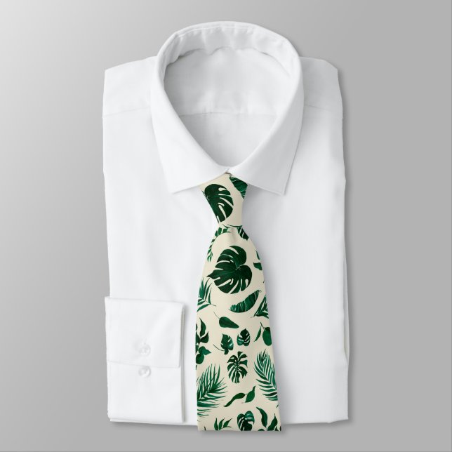 Trendy Tropical Foliage Green Leaves Pattern Tie (Tied)