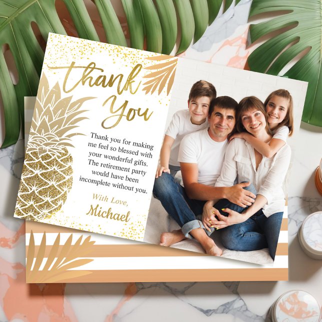 Trendy Tropical Gold Pineapple Summer Party Photo Thank You Card (Creator Uploaded)