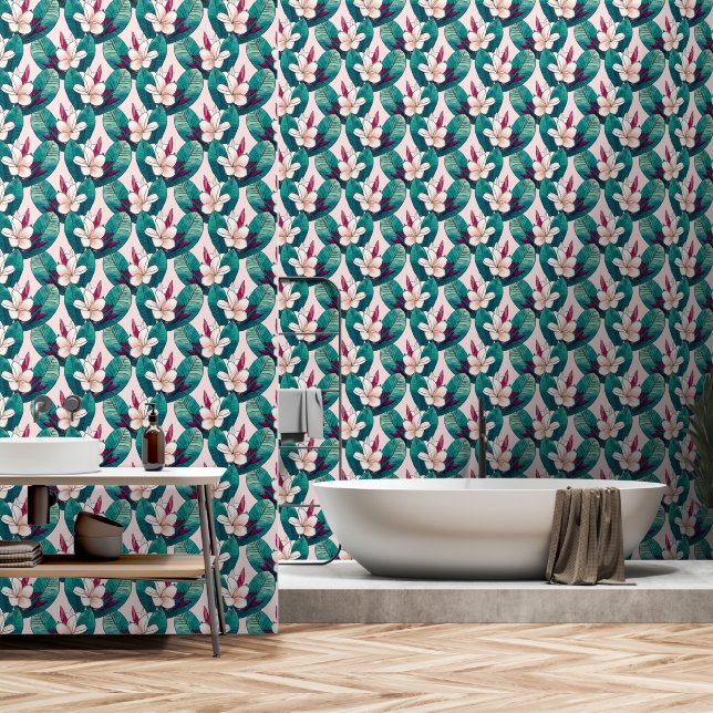 Trendy Tropical Green Foliage Plumeria Flowers  Wallpaper (Bathroom)