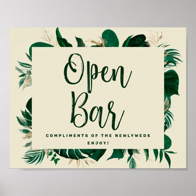 Trendy Tropical Open Bar Wedding Reception Sign (Front)