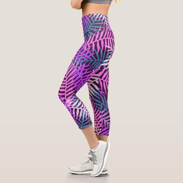 Trendy Tropical Palm Leaves Pattern Purple Teal Capri Leggings (Left)