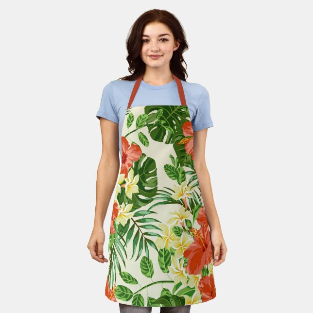 Trendy Tropical Palms and Floral Print Apron (Worn)