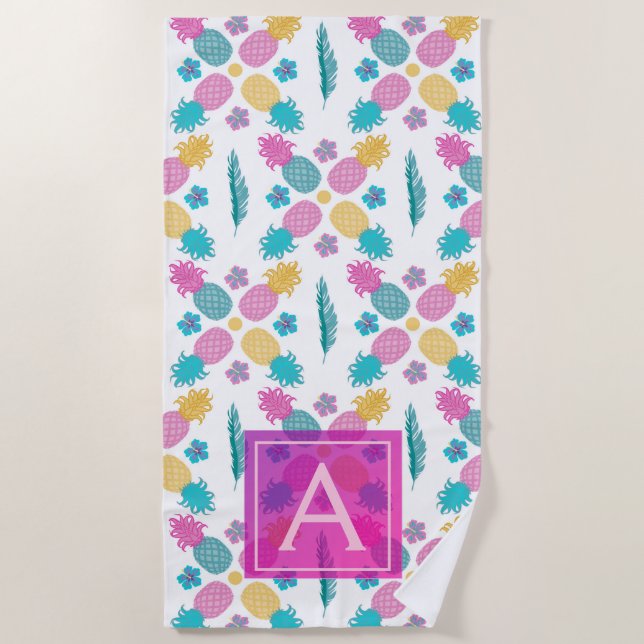 Trendy tropical pineapple colourful leaves beach towel (Front)