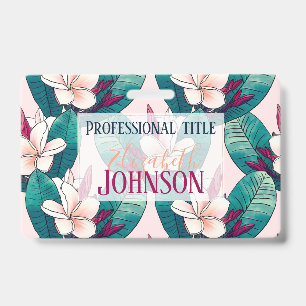 Trendy Tropical Plumeria Flowers Green Foliage ID Badge