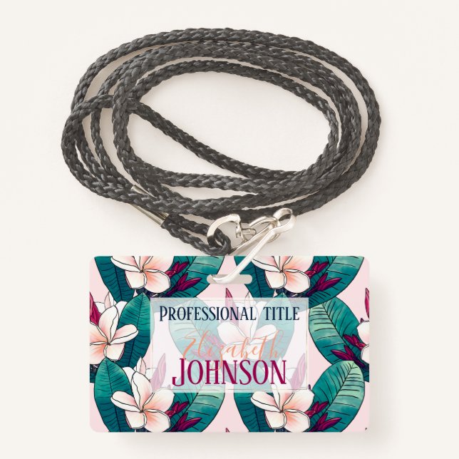 Trendy Tropical Plumeria Flowers Green Foliage ID Badge (Front with Lanyard)