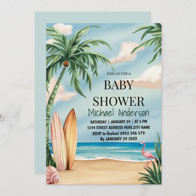 Trendy tropical Summer surfing Beach Baby Shower  Invitation (Front/Back)