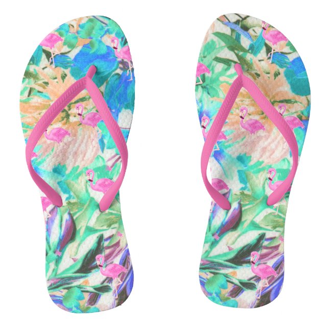 Trendy tropical teal pink floral flamingo flip flops (Footbed)