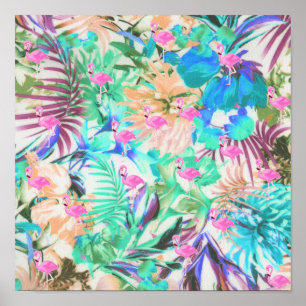 Trendy tropical teal pink floral flamingo poster