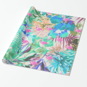 Trendy tropical teal pink floral flamingo wrapping paper