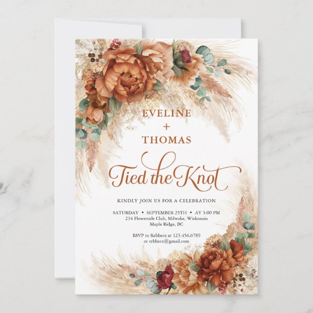 Trendy tropical terracotta pampas tied the knot invitation (Front)