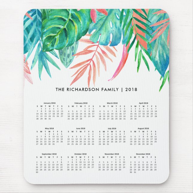 Trendy Tropical Watercolor | 2018 Calendar Mouse Mat (Front)