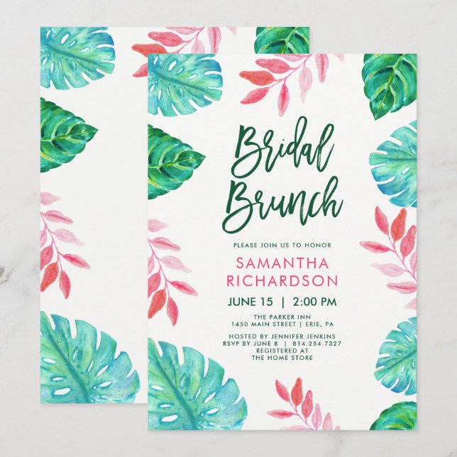 Trendy Tropical Watercolor Bridal Brunch Invitation (Front/Back)