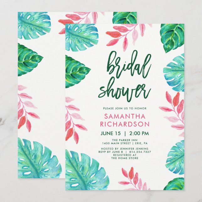 Trendy Tropical Watercolor Bridal Shower Invitation (Front/Back)