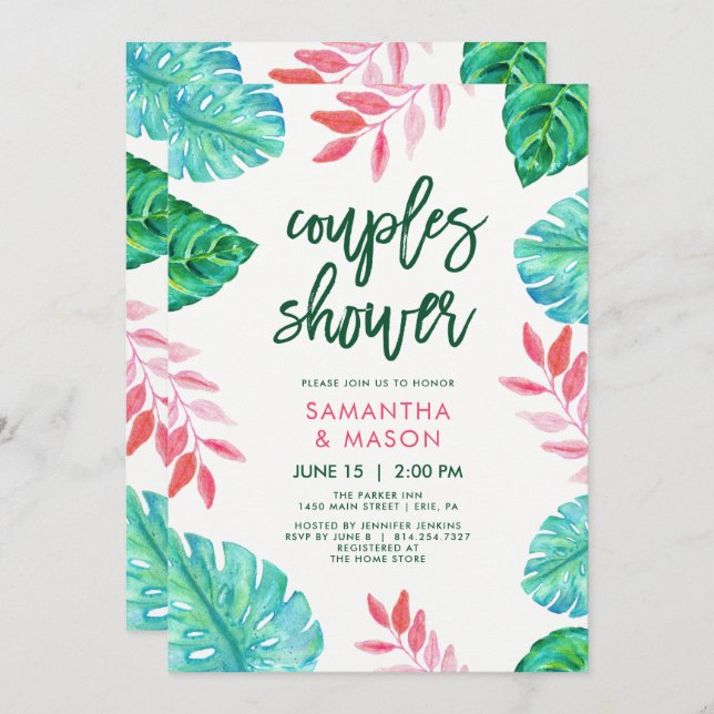 Trendy Tropical Watercolor Couples Shower Invitation (Front/Back)